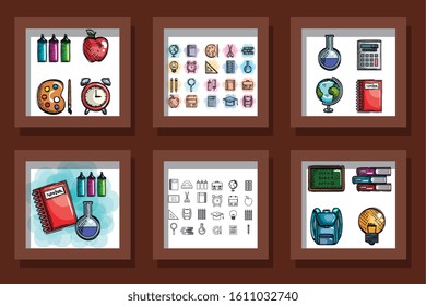 bundle of designs drawn school education supplies vector illustration design