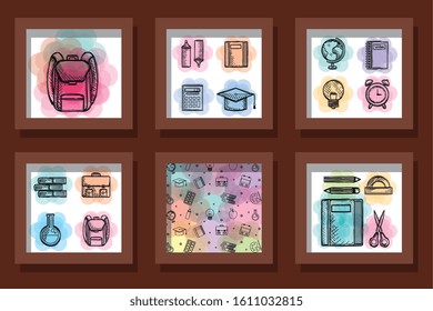 bundle of designs drawn school education supplies vector illustration design
