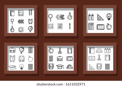 bundle of designs drawn school education supplies vector illustration design