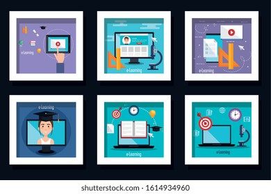 bundle of designs of education online with icons vector illustration design