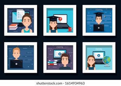 bundle of designs of education online with icons vector illustration design