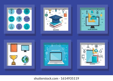 bundle designs of education online and icons vector illustration design