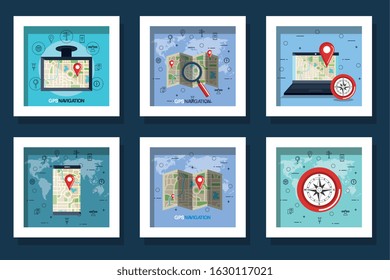 bundle designs of gps navigation and icons vector illustration design