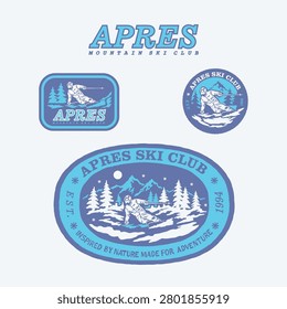 Bundle designs logo vector retro illustration skier adventure on mountain winter snow nature national park. Vintage outdoor apparel design