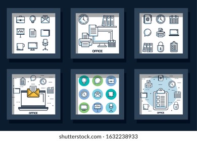 bundle designs of office equipments and icons vector illustration design