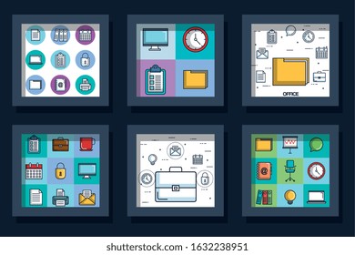 bundle designs of office equipments and icons vector illustration design