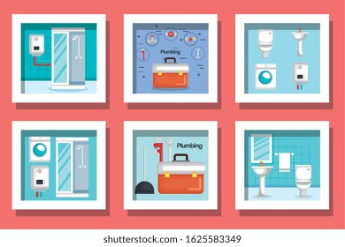 bundle designs of plumbing and icons vector illustration design
