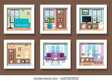 bundle designs scenes interior of home and icons vector illustration design