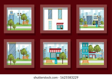 bundle designs of scenes parks landscape and facades structures vector illustration design