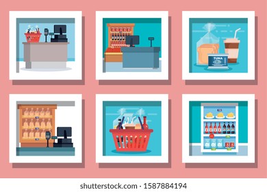 bundle of designs supermarket products vector illustration design