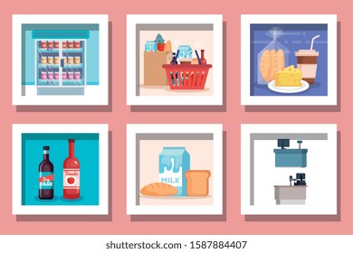 bundle of designs supermarket products vector illustration design