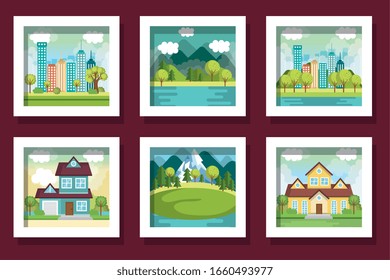 bundle designs of urban and nature scenes vector illustration design