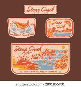 Bundle designs vintage illustration fly fishing trout bass adventure on river creek forest nature national parks. Retro outdoor apparel design supply gear