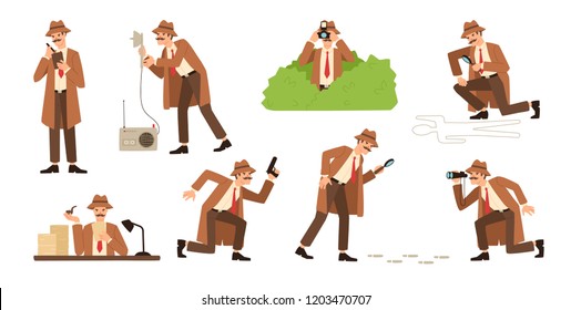 Bundle of detective with mustache looking through magnifying glass, sneaking, spying, solving crime, photographing. Male cartoon character isolated on white background. Flat vector illustration. Bundle of detective with mustache looking through magnifying glass, sneaking, spying, solving crime, photographing. Male cartoon character isolated on white background. Flat vector illustration.