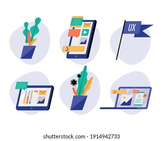 conjunto de dispositivos con tecnología de medios sociales diseño de ilustraciones vectoriales