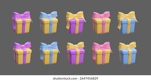 Pacote de diferentes caixas de presente colorido 3D presente com arco e fitas isoladas no fundo escuro. Surpresa aniversário festa decoração conjunto estilo 3D ícone do vetor conjunto. Prêmio de vitória grátis, caixa surpresa embrulhada