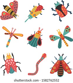 Bundle of different colorful  insects with wings and antennas isolated on white background - bugs, beetles, firefly, ladybug, cricket. Cartoon vector illustration in modern flat style.