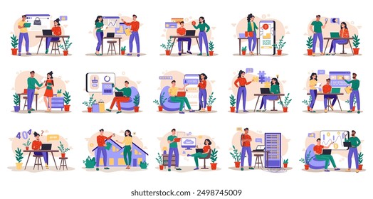 Bundle of different concepts with people scene in flat cartoon design. A huge selection of colorful illustrations with scenes with men and women on various topics. Vector illustration.