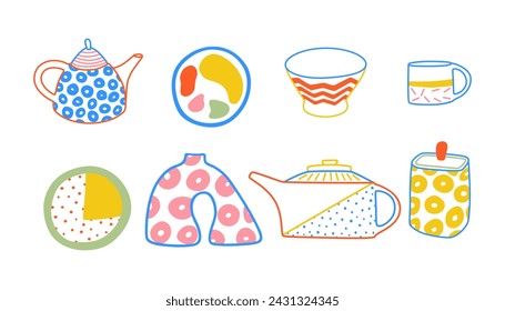 Bundle of different kitchenware tools in bauhaus style. Set of decorative tableware items isolated on white background. Vector illustration. 