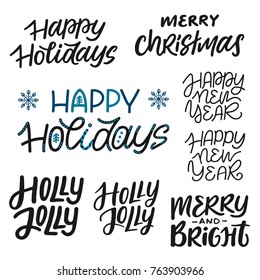 A bundle of different lettering and calligraphy phrases on Christmas and New Year theme. Design elements for invitations and greeting cards. Vector art.