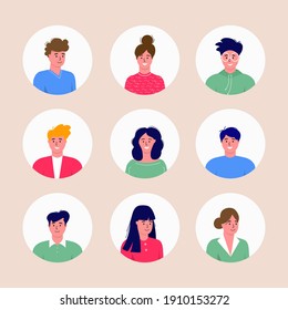 Bundle of different Men and women avatars characters. Cheerful, happy people flat vector illustration set. Round frame. Male and female portraits, group, team. Adorable guys and girls pack.