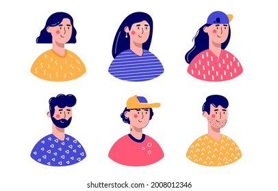 Bundle of different Men and women avatars characters. Cheerful, happy people flat vector illustration set. Male and female portraits, group, team. Adorable guys and girls trendy pack