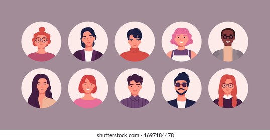 Bundle of different people avatars. Set of colorful user portraits. Male and female characters faces. Smiling young men and women avatar colletion. Vector illustration in flat cartoon style
