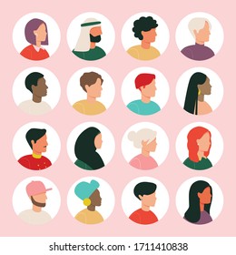 Bundle of different people avatars. Set of male and female portraits faces. Men and women avatar characters colletion. Various nationality. Blond, brunet, african american, european, asian, muslim.