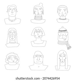 Bundle of different people avatars. Set of portraits. Men, women characters collection. User pic, face icons for representing person in a video game, Internet forum, account. Vector line contour pic.