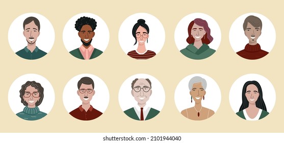 Paket von verschiedenen Menschen Avatare. Set von bunten Benutzerporträts. Männliche und weibliche Charaktere haben Gesichter. Lächelnde Avatar-Kollektion für Frauen und Männer. Vektorgrafik im Flachbildkarikaturstil