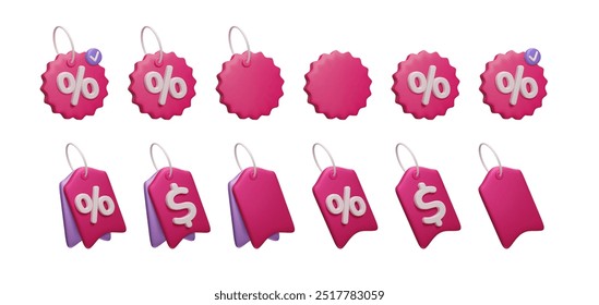 Bundle of different pink 3D price tags isolated on white. Percent discount label, dollar price tag, shopping voucher, special offer coupon, promotion badge 3D render vector icon set.