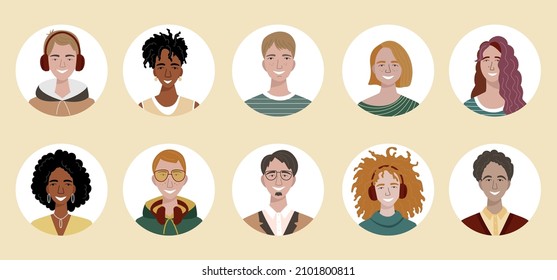 Bundle of different teenager avatars. Set of colourful user portraits. Male and female characters faces. Smiling girls and boys avatar collection. Vector illustration in flat cartoon style