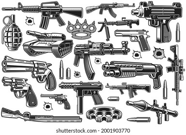 A bundle of different vector weapons isolated on white background