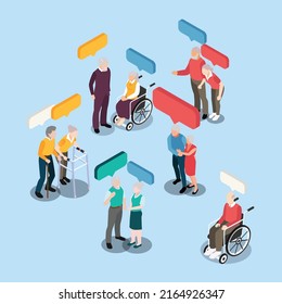 Bundle of disabled elderly people with chat bubble isometric 3d vector illustration concept for banner, website, illustration, landing page, flyer, etc.