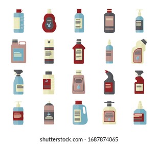 Bundle of disinfectant bottle vector illustrations. Antiseptics flat icon design.
