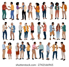 Bundle of diverse business people interacting in casual, professional setting, showing inclusivity, different ages, ethnicities, accessibility. Flat vector illustration isolated on white background