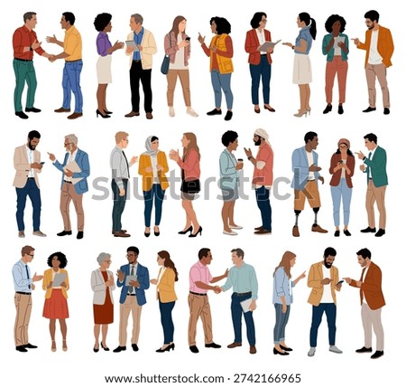 Bundle of diverse business people interacting in casual, professional setting, showing inclusivity, different ages, ethnicities, accessibility. Flat vector illustration isolated on white background