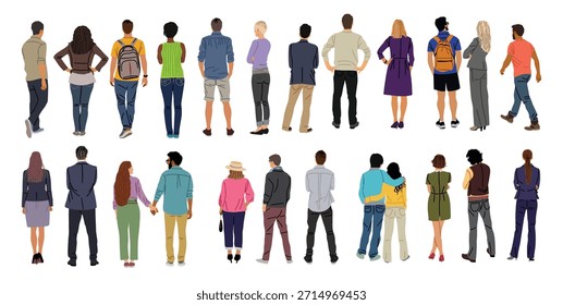 Paquete de personas diversas de pie vista trasera