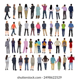 Bundle of diverse People Standing, walking Rear View. Male, Female cartoon Characters different ages, races Wearing casual, formal Clothes Back View vector illustration Isolated on white Background.