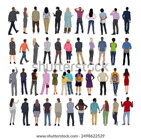 Bundle of diverse People Standing, walking Rear View. Male, Female cartoon Characters different ages, races Wearing casual, formal Clothes Back View vector illustration Isolated on white Background.
