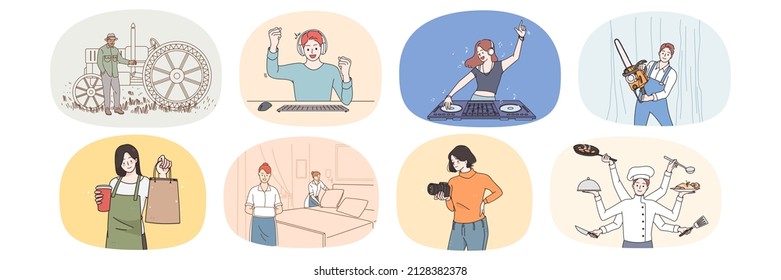 Bundle of diverse people and their occupations. Set of smiling mixed man and woman employees with professions and jobs. Work equality. DJ, farmer, waiter, housekeeper. Flat vector illustration. 