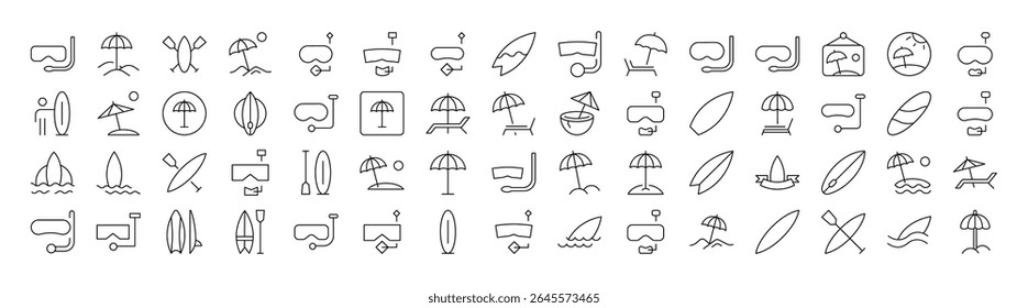 Pacote de Máscara de Mergulho, Surfboard, Guarda-chuva, Praia Relacionados Ícones de Linha. Outline Signs para Gráficos e Web Design, Apps, Anúncios, Vários Cartões 