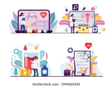 Bundle with doctor and medical people working or research online in cartoon charactor, flat vector illustration, medical concept