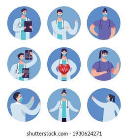 bundle of doctors staff wearing facemask vector illustration design