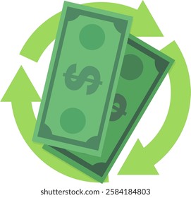 Bundle of dollar bills with a circular symbol of three recycling arrows in a flat design style (cut out)