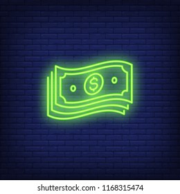 Bundle of dollar bills neon sign. Money, finance and banking concept. Advertisement design. Night bright neon sign, colorful billboard, light banner. Vector illustration in neon style.