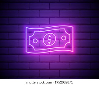 Bundle of dollar bills neon sign. Money, finance and banking concept. Advertisement design. Night bright neon sign, colorful billboard, light banner. Vector illustration in neon style