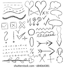 Bundle of doodle icons, handdrawn sketch isigns, arrows, hearts, shapes