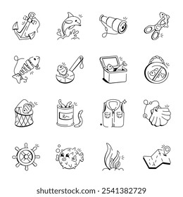 Bundle of Doodle Style Fishing Accessories Icons 

