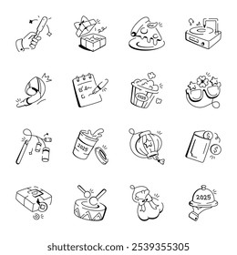 Bundle of Doodle Style New Year Celebration Icons 
